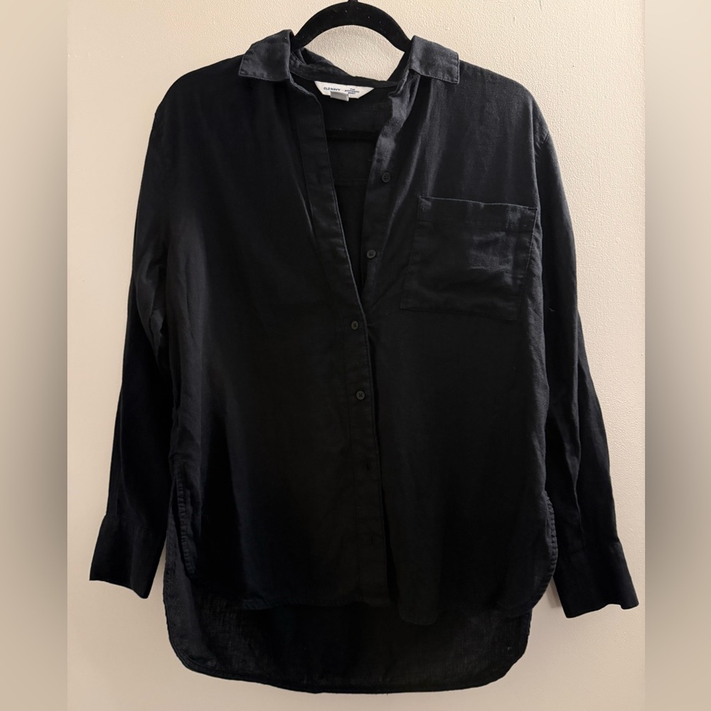Old Navy Women's Linen Black Long Sleeve Top Boyfriend Shirt Button Down XS